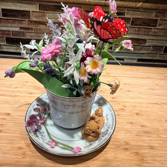 Floral Arrangement in a vintage teacup and saucer with Butterfly Accent - Picture 2 of 6